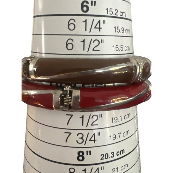 Set of 2 Vintage Clamper Bangle Bracelets Silver Tone Brown Red Enamel Estate 7" - Picture 4 of 4